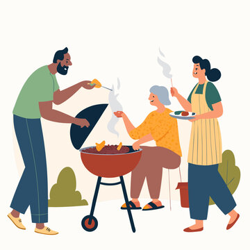 family grilling barbecue outdoors clip art preview