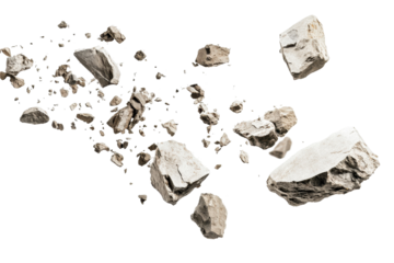 Flying rocks and scattered debris captured mid-air isolated on a clean bright white background