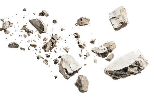 Flying rocks and scattered debris captured mid-air isolated on a clean bright white background