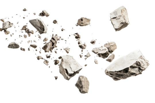 Flying rocks and scattered debris captured mid-air isolated on a clean bright white background
