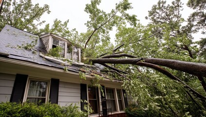 Tree Falls on House Roof Causing Extensive Damage to Structure and Windows After Storm