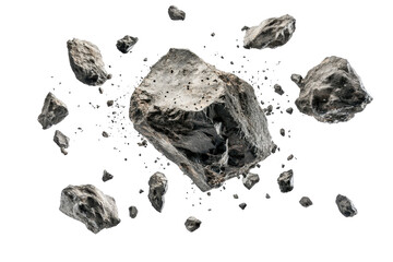 Explosive flying rocks and debris frozen mid-air against a clean white isolated background