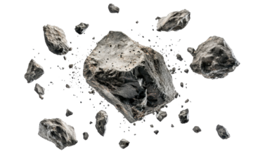 Explosive flying rocks and debris frozen mid-air against a clean white isolated background