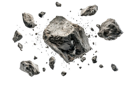 Explosive flying rocks and debris frozen mid-air against a clean white isolated background