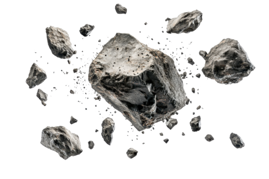 Explosive flying rocks and debris frozen mid-air against a clean white isolated background