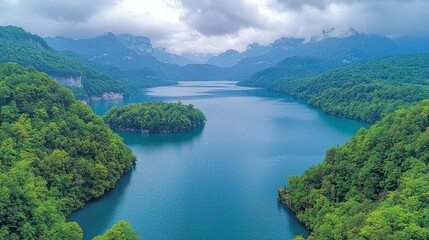 A large body of water surrounded by trees and mountains