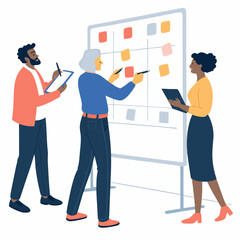 Create a bold vector illustration of diverse professionals collaborating and brainstorming, showcasing strategic planning.