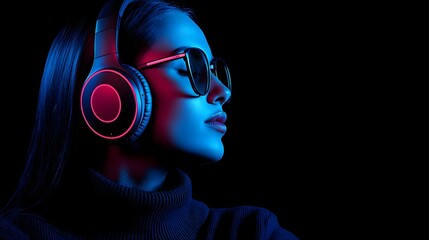 Stylish woman with headphones in neon lighting
