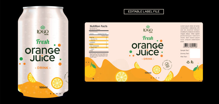 Orange Juice label design, soft drink bottle label design. Soda can vector. Energy drink label design. Orange flavor fruit juice label template design
