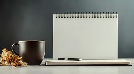 Blank sketchbook, cup, and pen on neutral backdrop ready for creative inspiration and artistic endeavor