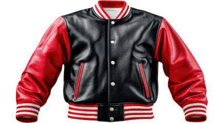 Varsity Jacket Classic: A classic varsity jacket, showcasing its traditional design with red and black colors. This image captures the essence of collegiate style and timeless fashion.