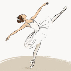 Create a detailed 2D sketch illustration of a ballerina gracefully spinning, showcasing her flowing tutu and elegant posture.  Emphasis on dynamic movement and fluidity. © adobe1 stock
