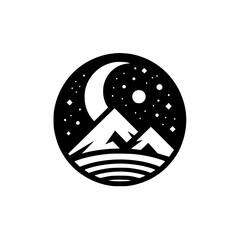Black and White Mountainscape: Crescent Moon and Stars in a Circle