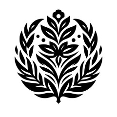 Elegant Black and White Floral Crest Design on White Background