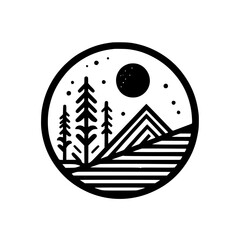 Monochrome Nature Logo: Mountains, Trees, and Moon in a Circle Design