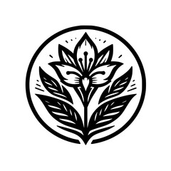 Elegant Floral Emblem in Circle, Black & White Illustration