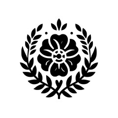 Elegant Floral Crest in Black and White, Vector Illustration