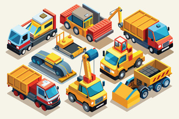 Vector illustration featuring a set of colorful isometric construction vehicles. Includes trucks, cranes, and heavy machinery. Ideal for building, construction, and industrial themed designs.