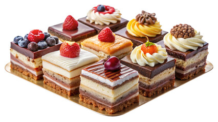 Assorted Variety of Mini Cakes on a Golden Tray, Perfect for Dessert