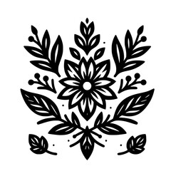 Black and White Floral Ornament Design, Folk Art Style, Vector Illustration