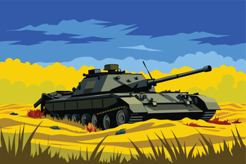 Fototapeta premium Vibrant illustration of a military tank situated in a vivid desert scene. The artwork captures the contrast of machinery against the natural backdrop.