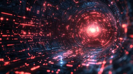 Obraz premium Futuristic Data Stream Through Illuminated Digital Tunnel Leading to a Central Glowing Core, Abstract Perspective for Technological Visualization