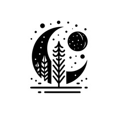 Obraz premium Minimalist Night Forest Illustration: Moon, Trees, & Stars