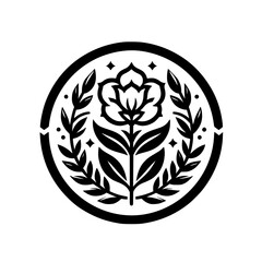 Botanical Emblem: Black & White Floral Design in Circular Frame