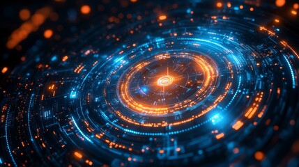 Futuristic Data Tunnel: An abstract representation of technology and data flow with vibrant blue and orange light trails depicting complex digital networks