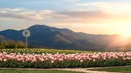 Blooming tulips stretch to mountains under bright sun. Windmill accents the colorful fields