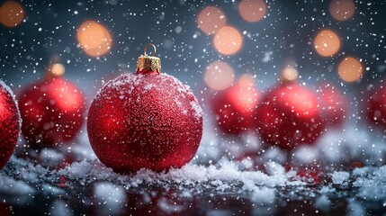 red christmas ornaments in the snow with bokeh lights in the background