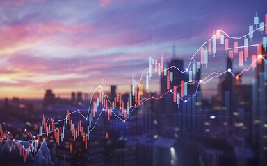 Financial Stock Market Chart Over Blurred Cityscape At Sunset Shows Positive Growth