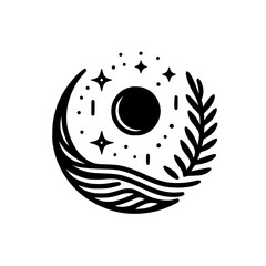 Celestial Circle: Minimalist Moon, Stars & Foliage Emblem