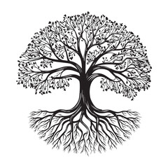A black and white vector illustration of a tree with intricate branches and roots 