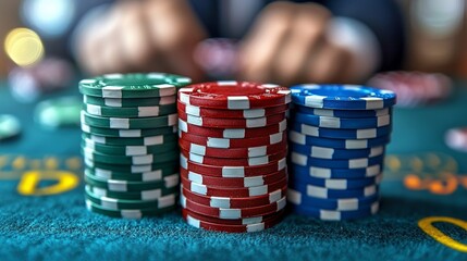 Naklejka premium A stack of poker chips sitting on top of a green table