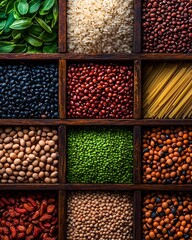 Colorful assortment of grains and legumes in wooden compartments