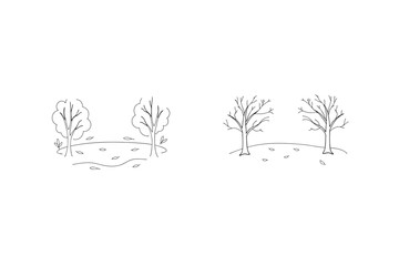 Line Art Illustration Of Seasonal Trees With Falling Leaves In Two Stages