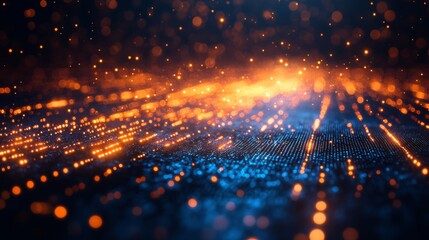 Fototapeta premium Abstract Digital Data Stream Landscape with Glowing Particles and Dynamic Lights, Ideal for Technology and Science Concepts, High Resolution Visual