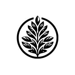 Minimalist Black Leafy Branch in Circle Logo, White Background