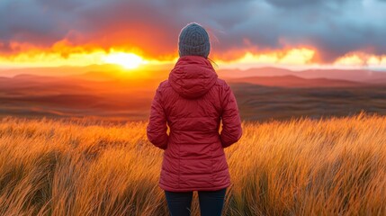 Fototapeta premium A woman in a red jacket standing in a field of tall grass