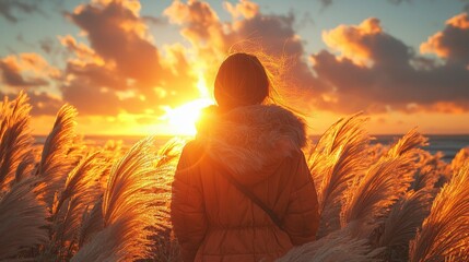 A woman standing in a field of tall grass at sunset