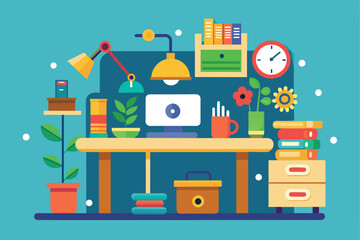 Fototapeta premium Vibrant illustration depicting a well-organized home office desk with plants, books, and a computer, conveying a sense of productivity and creativity.