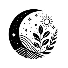 Celestial Nature: Moon, Sun, & Leaves in Black & White Illustration