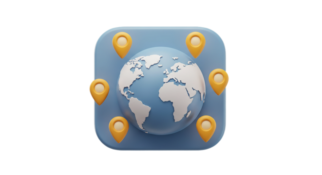 Globe with location pins on a blue square background representing global positioning and navigation systems on transparent background