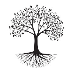 A minimalist yet detailed silhouette of a tree with visible roots 