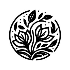 Elegant Floral Emblem in a Circle, Black and White, Minimalist Design
