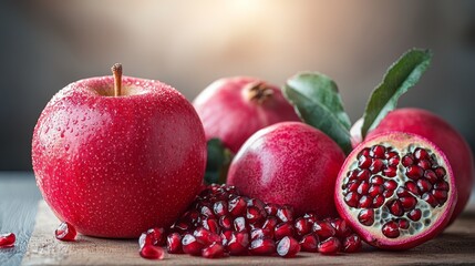 A bunch of pomegranates sitting on top of a wooden table