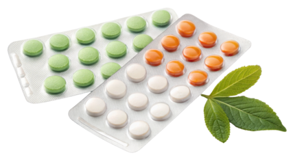 Colorful tablets in blister packs with green, orange, and white pills alongside fresh leaves, representing health and wellness