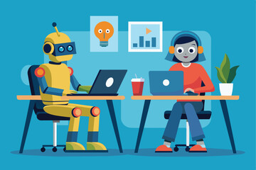 Obraz premium Illustration of a robot and a person working together on laptops in an office, highlighting teamwork and technology integration.