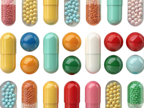 Colorful capsules and pills arranged in neat pattern, showcasing various shapes and sizes. vibrant colors evoke sense of health and wellness, making it ideal for pharmaceutical or dietary themes